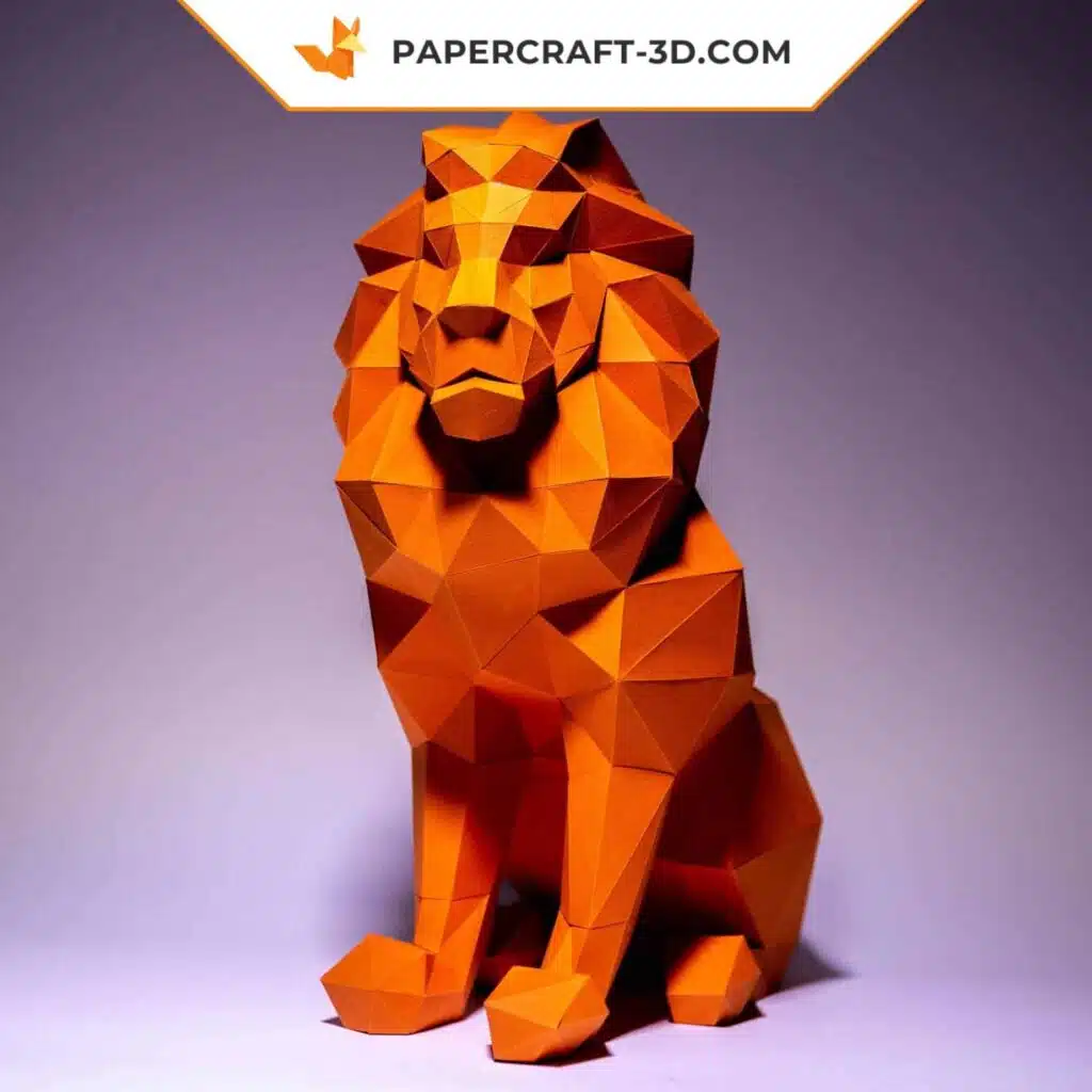 Papercraft lion assis orange en origami 3D