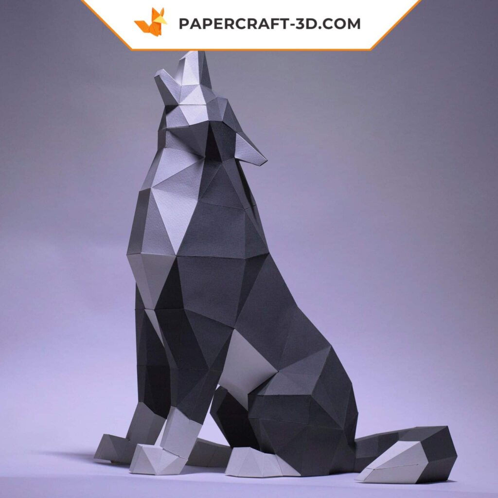 Papercraft di lupo seduto in origami 3D
