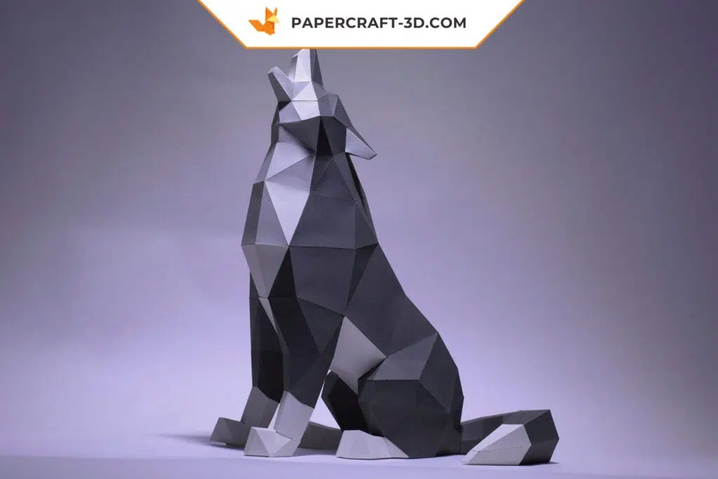 Sitzender Wolf als 3D-Origami-Papercraft