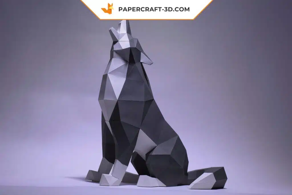 Papercraft loup assis en origami papier 3D, weergave 2