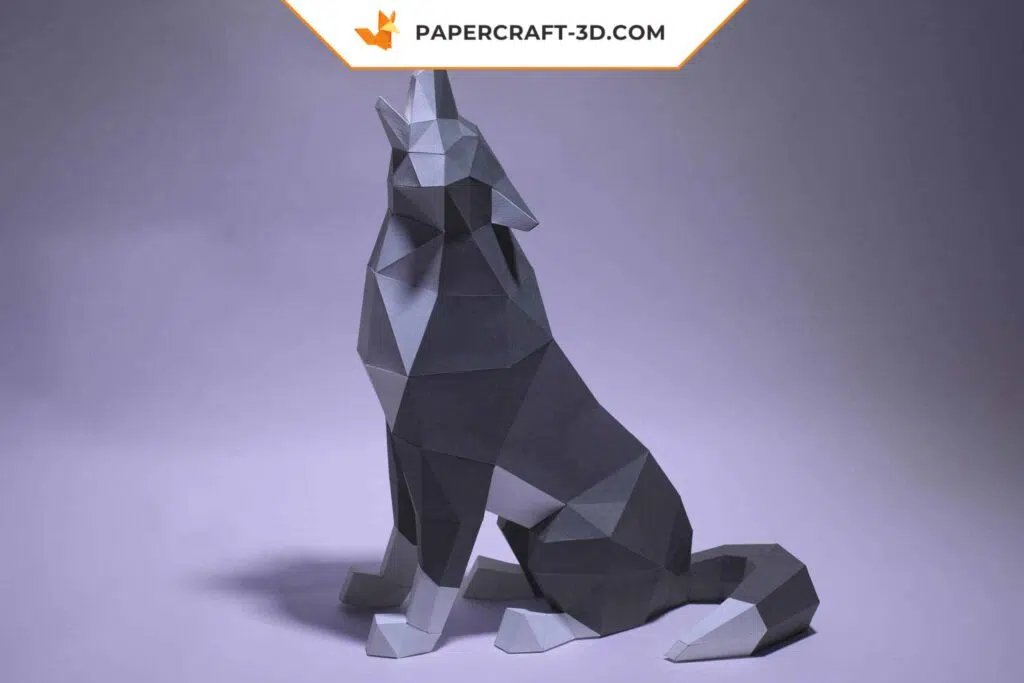 Sitzender Wolf als 3D-Origami-Papercraft