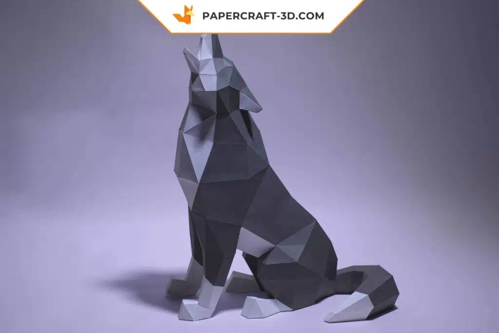Papercraft loup assis en origami papier 3D, weergave 3