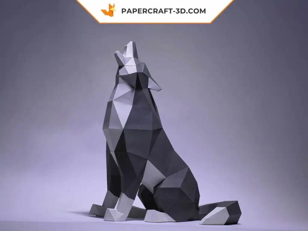 Sitzender Wolf als 3D-Origami-Papercraft