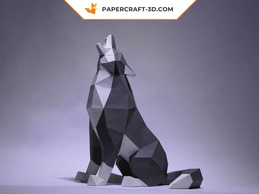 Papercraft loup assis en origami papier 3D
