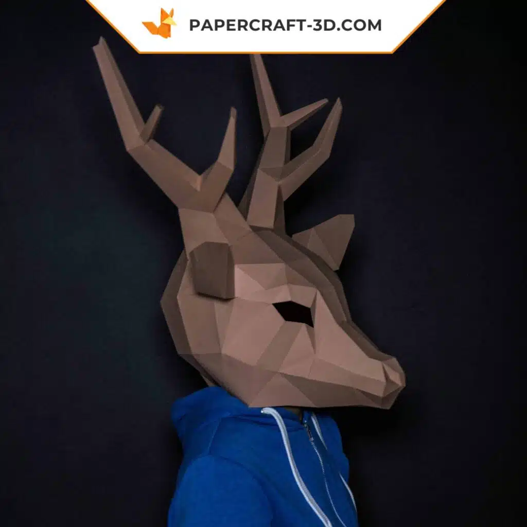 Papercraft masque de cerf origami papier 3D, vue 3