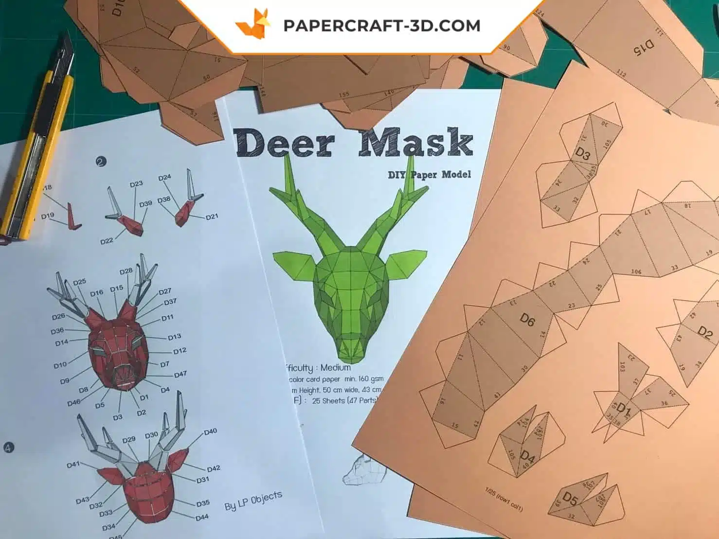 Papercraft masque de cerf origami papier 3D, vue 5