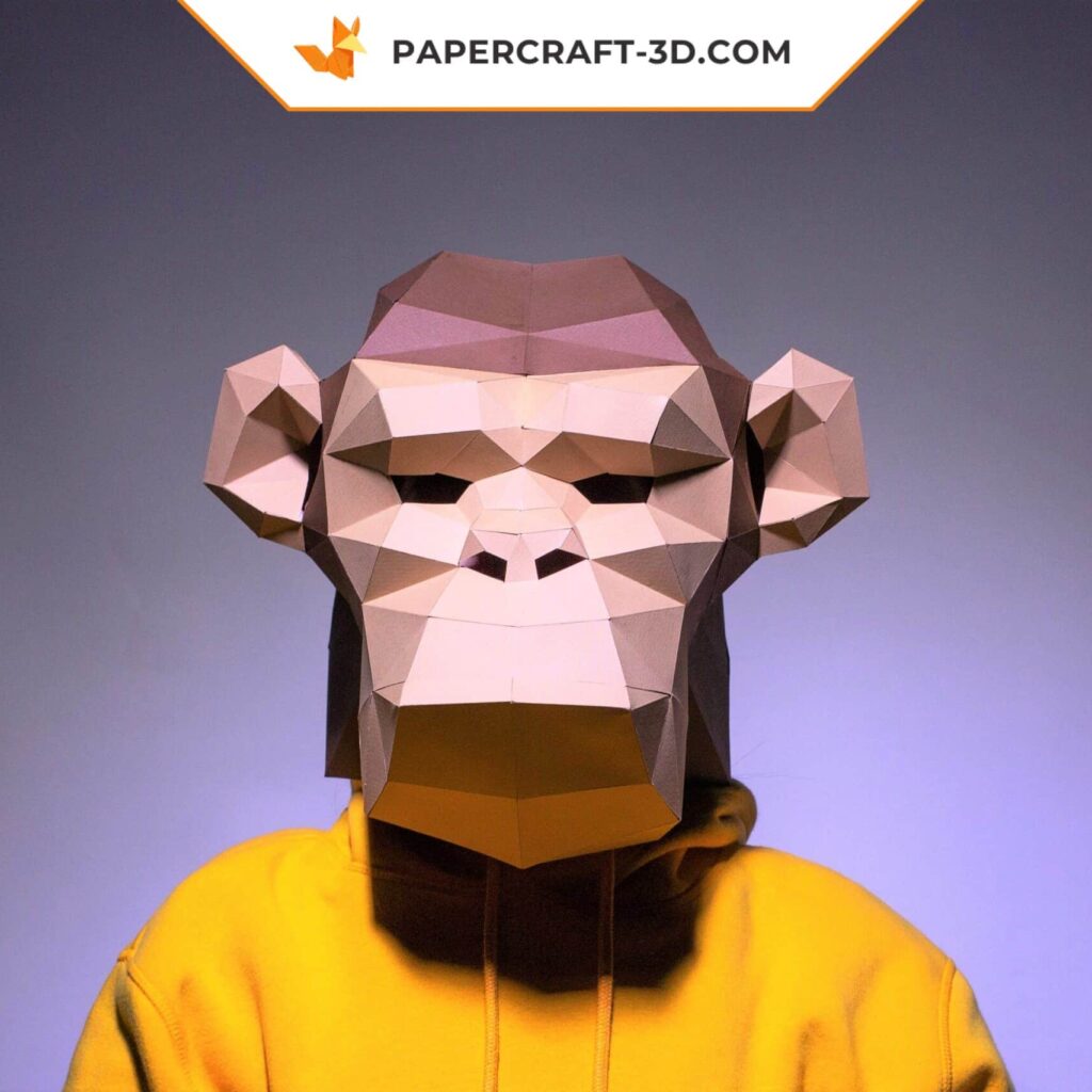 Papercraft chimpanzee mask in 3D origami