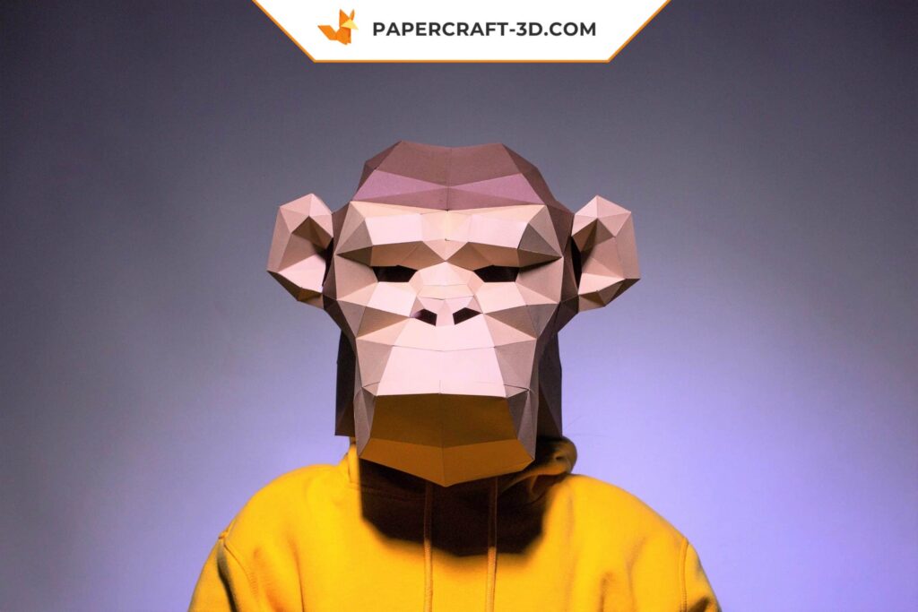 Papercraft máscara de chimpanzé em origami 3D