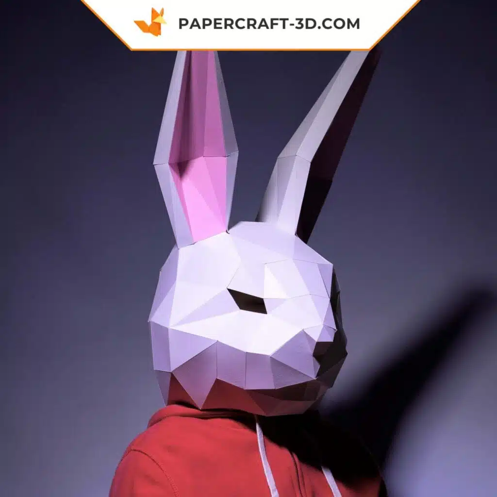 Papercraft máscara de coelho com orelhas rosas em origami 3D