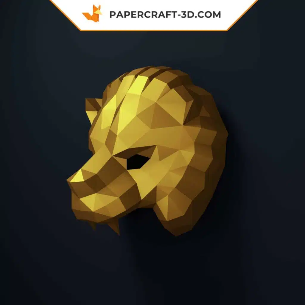 Papercraft masque de lion doré en origami 3D