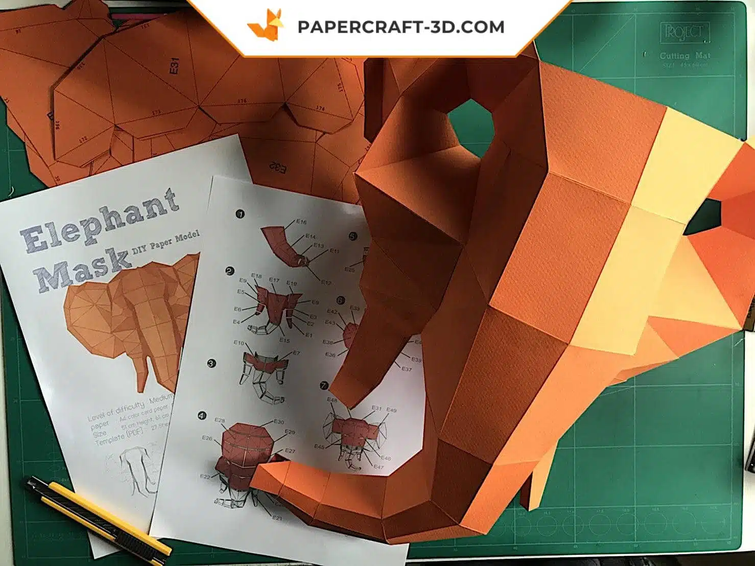Papercraft masque d&rsquo;éléphant origami papier 3D, weergave 4
