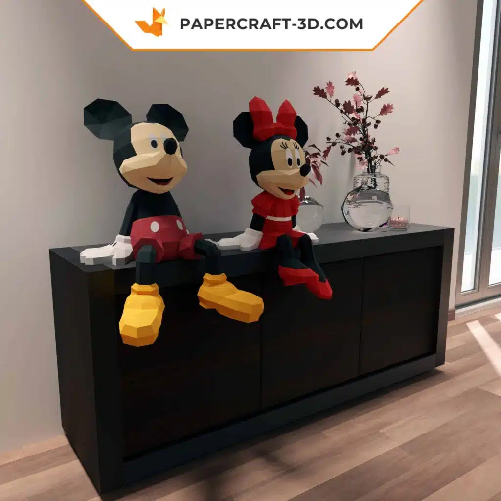 Papercraft de Mickey e Minnie em origami 3D
