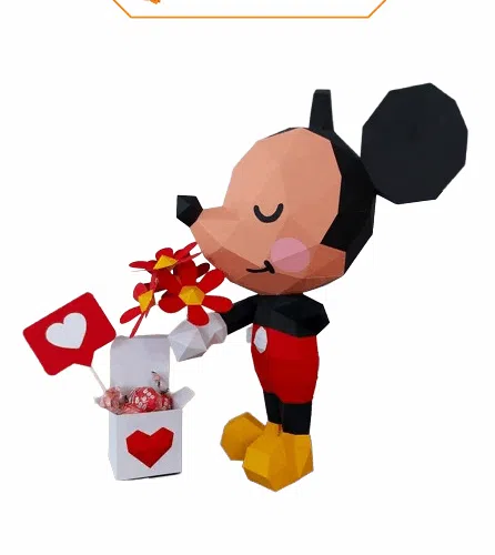 Papercraft Mickey mit Blumenstrauß als 3D-Origami