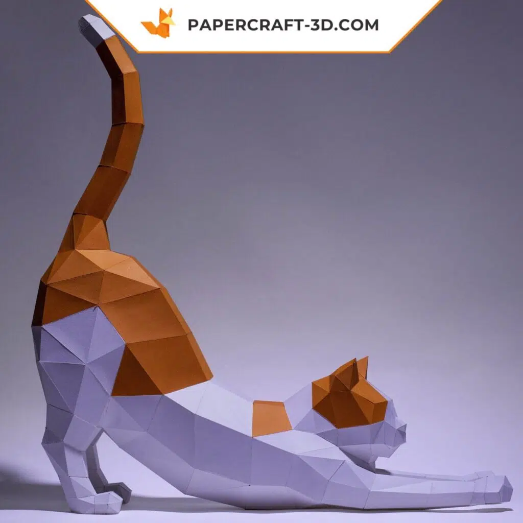 Papercraft stretching cat in 3D origami