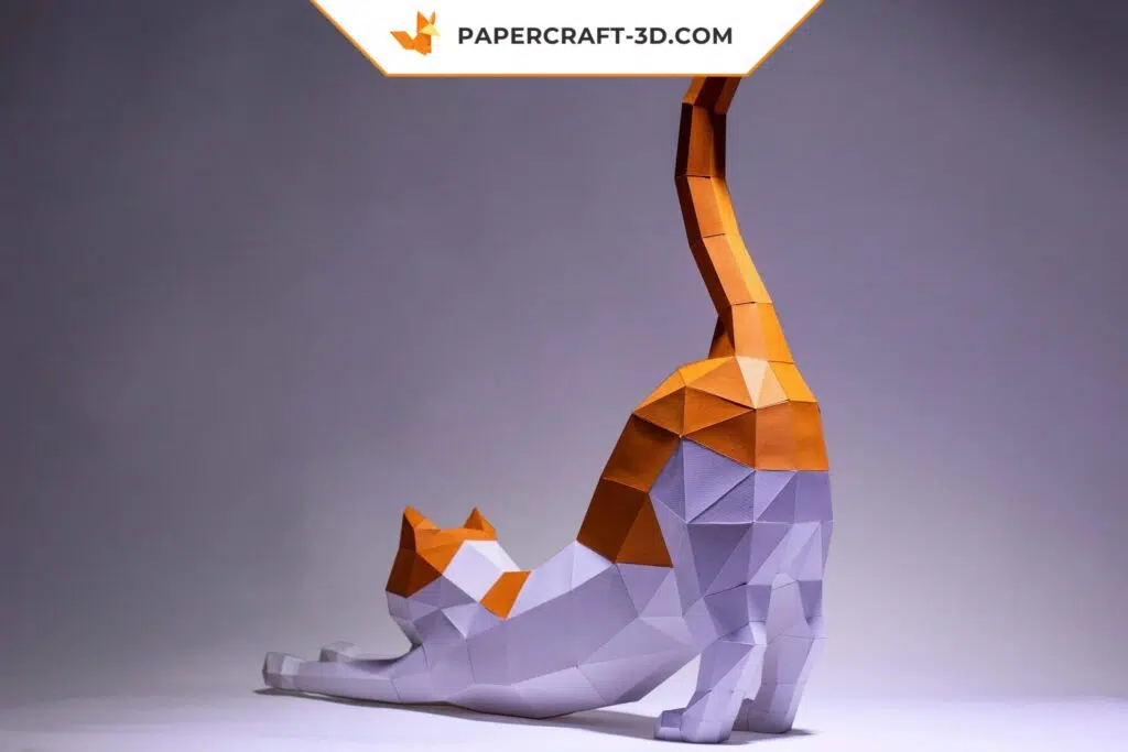 Papercraft de gato estirándose en origami 3D