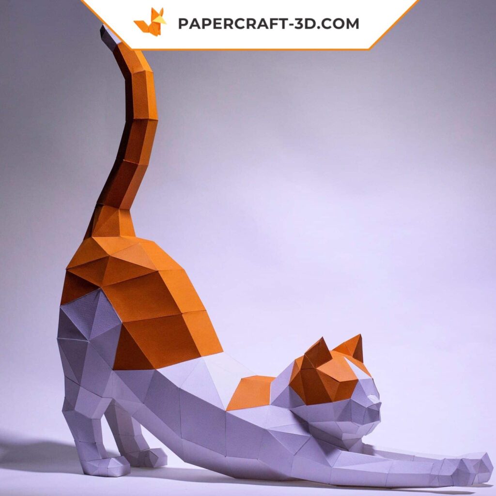Papercraft stretching cat in 3D origami