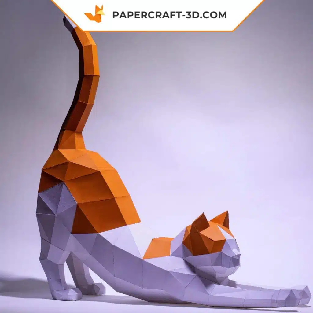 Papercraft de gato estirándose en origami 3D
