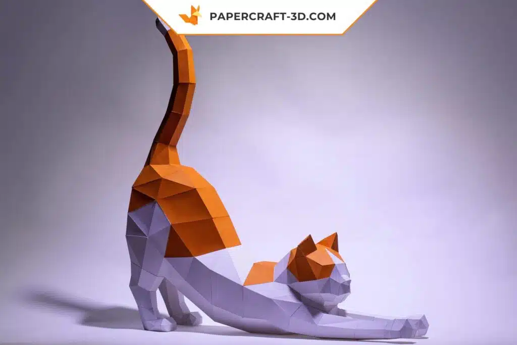 Papercraft de gato estirándose en origami 3D