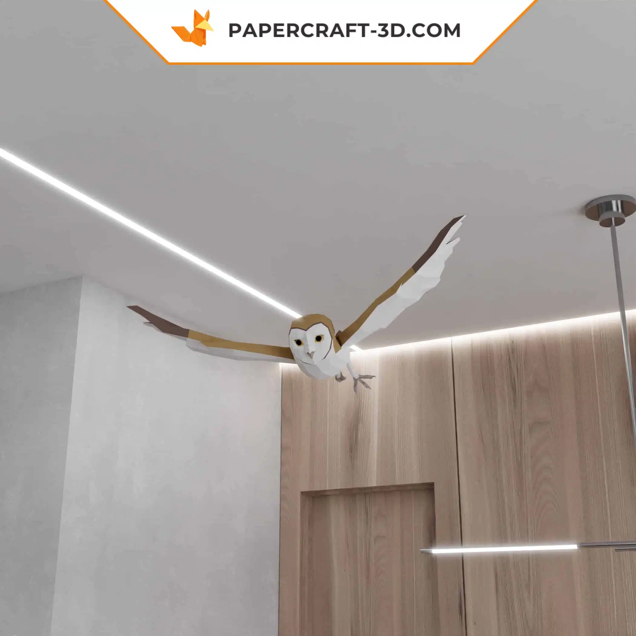 Fliegende Eule als Origami‑3D‑Papercraft, Seitenansicht