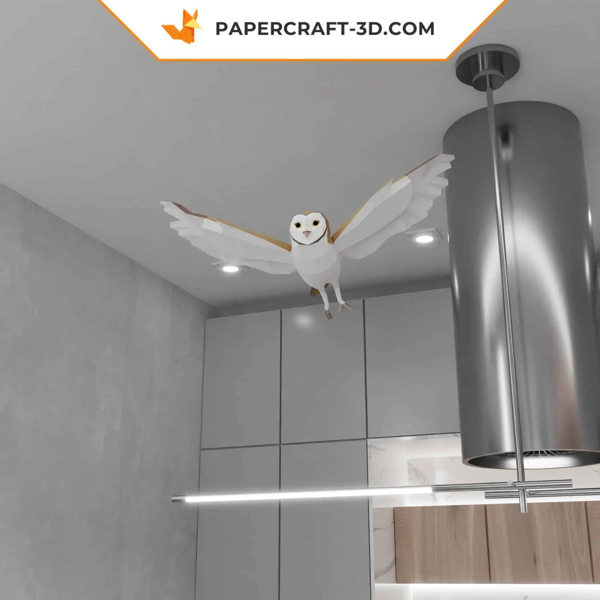 Fliegende Eule als Origami‑3D‑Papercraft, montiert