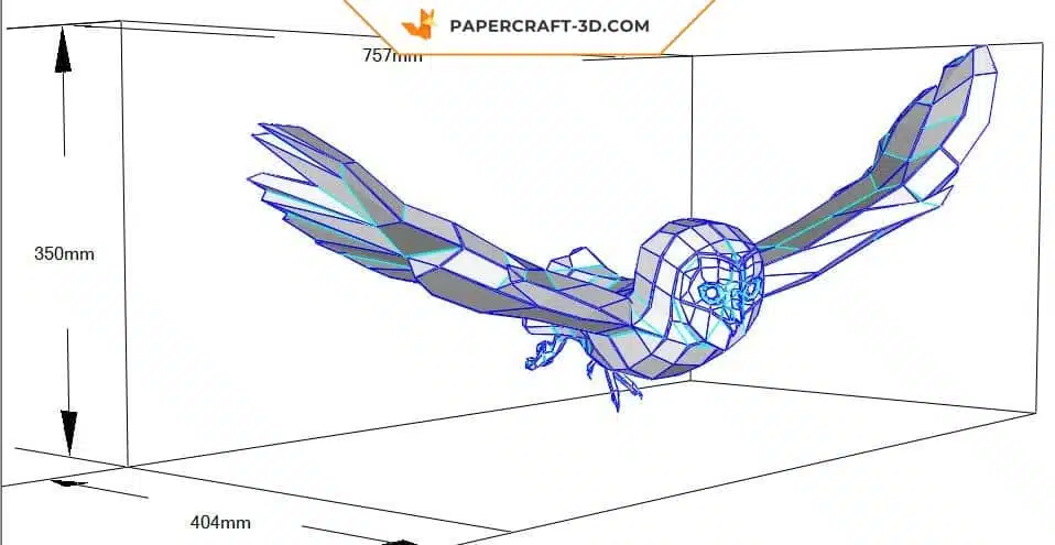 Fliegende Eule als Origami‑3D‑Papercraft, Ansicht 2