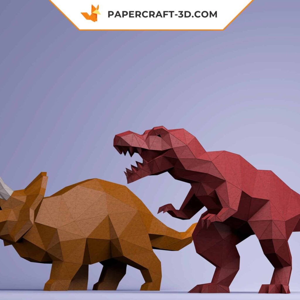 Papercraft T-Rex and Triceratops in 3D origami