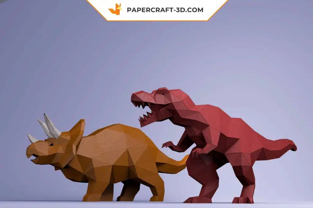 Papercraft dinossauros T-Rex e Tricerátops em origami 3D