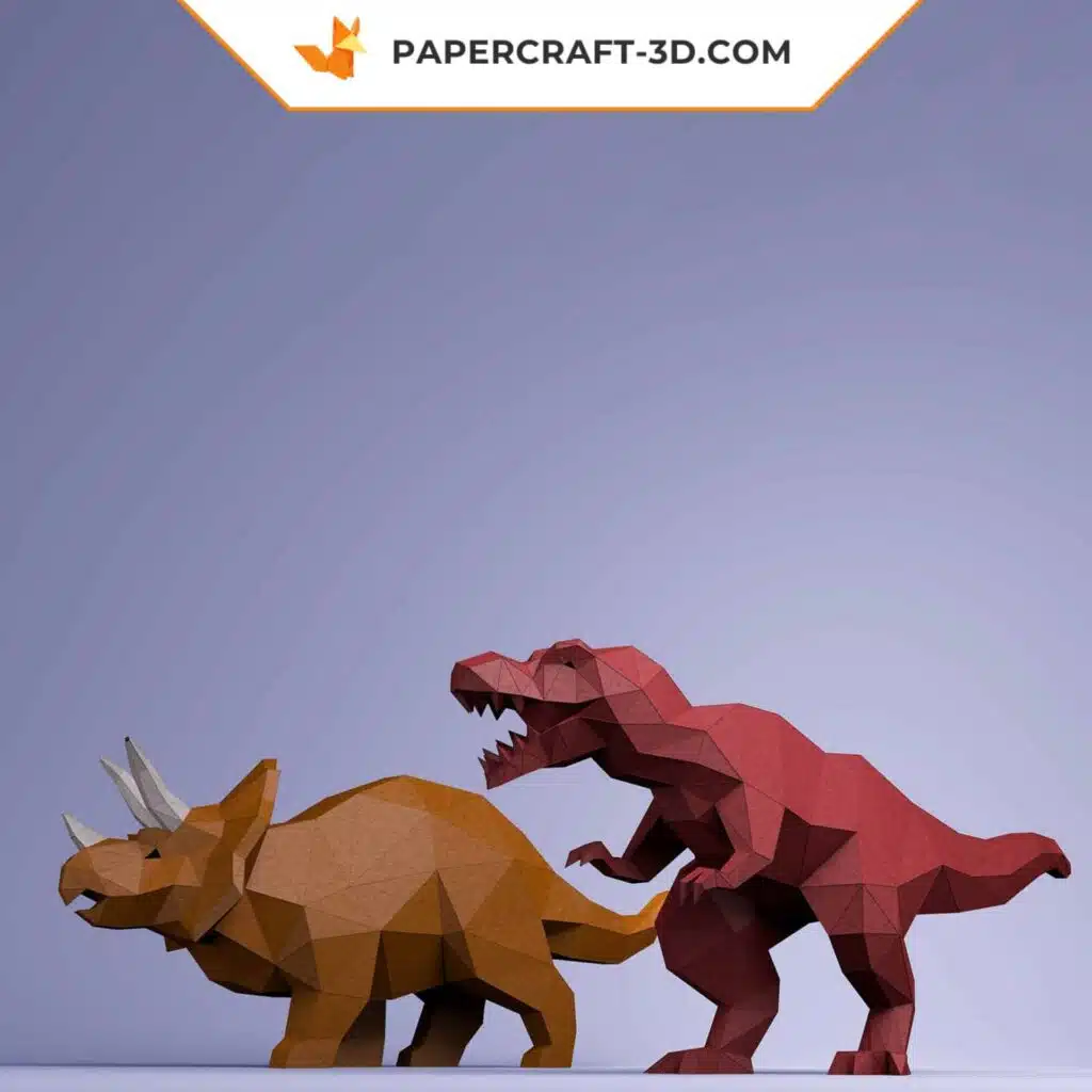 Papercraft dinossauros T-Rex e Tricerátops em origami 3D