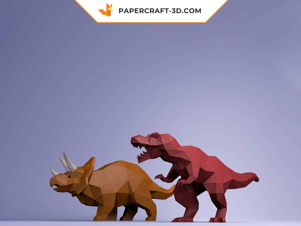 Papercraft Dinosaurier T-Rex und Triceratops als 3D-Origami