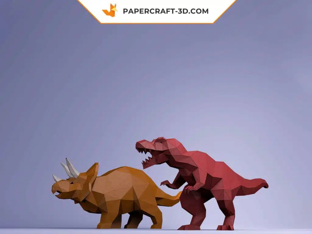 Papercraft dinossauros T-Rex e Tricerátops em origami 3D