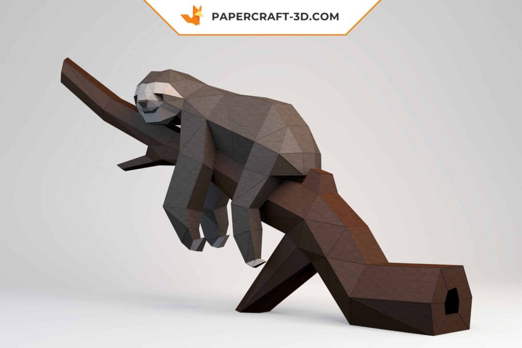 3D origami papercraft sloth on a branch