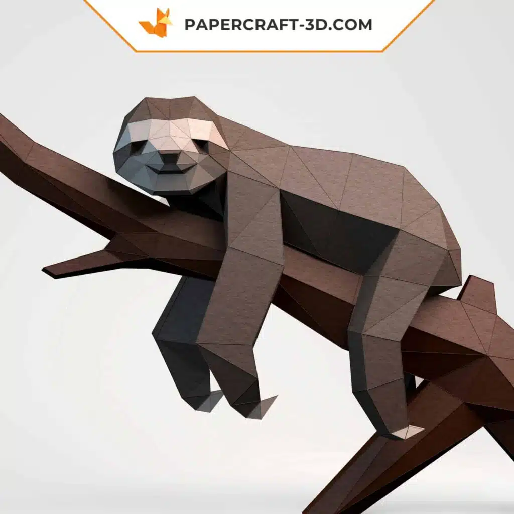 Papercraft Faultier auf seinem Ast in 3D-Origami