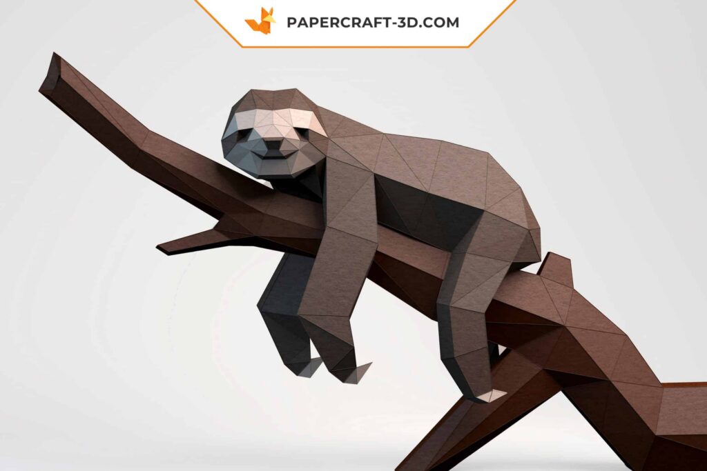 3D origami papercraft sloth on a branch