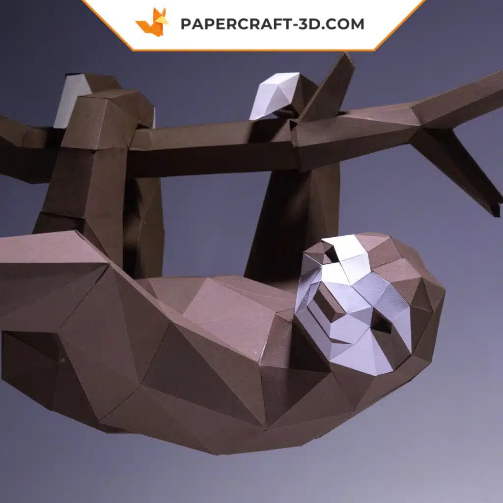 Hängendes Faultier an seinem Ast als 3D-Origami-Papercraft