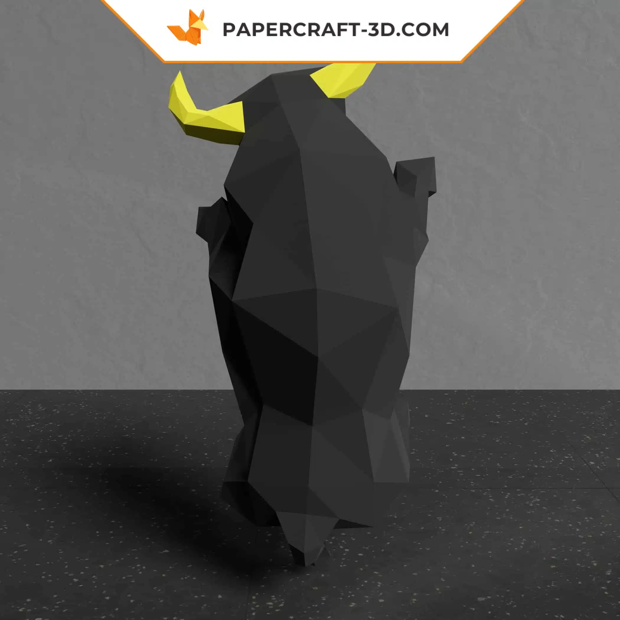 Papercraft toro negro en origami 3D, modelo 3D, vista 2