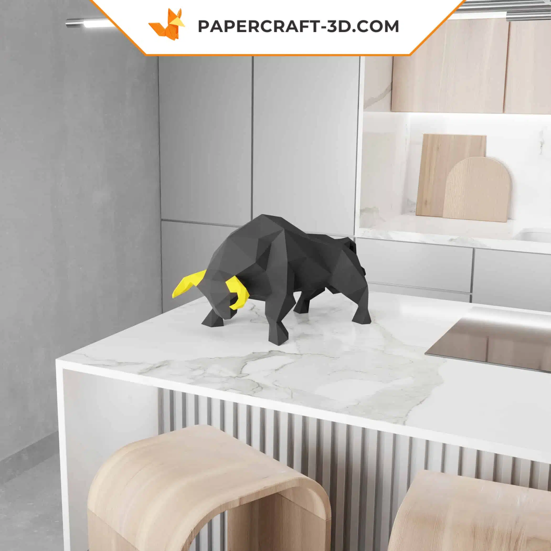 Papercraft toro negro en origami 3D, montado
