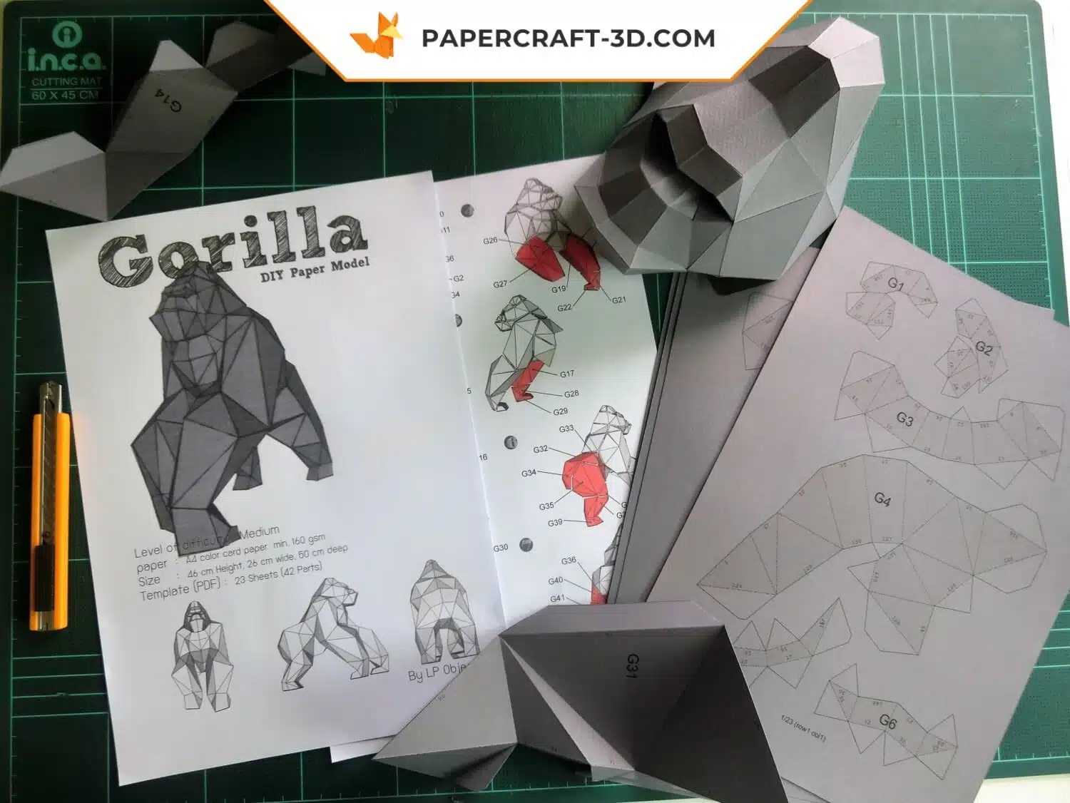 Papercraft de Gorila en origami 3D, vista lateral