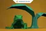 Papercraft di rana verde scuro in origami 3D, vista 2