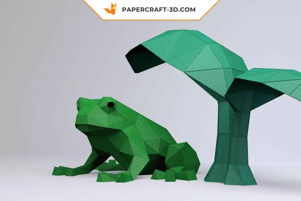 Papercraft di rana verde scuro in origami 3D, vista 3