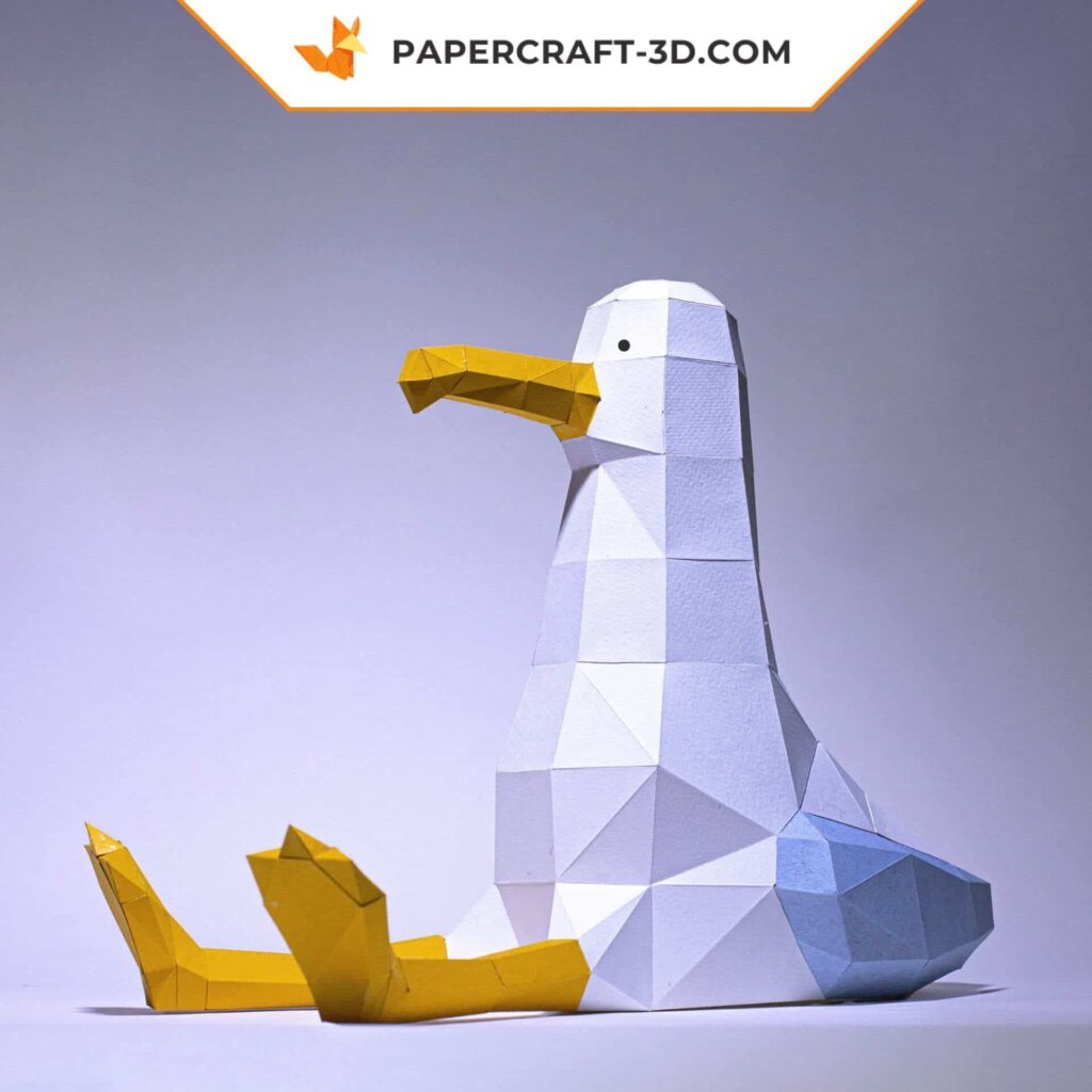 Papercraft of seated seagull in 3D origami