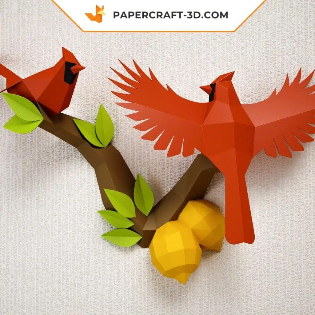 Papercraft birds on branch in origami