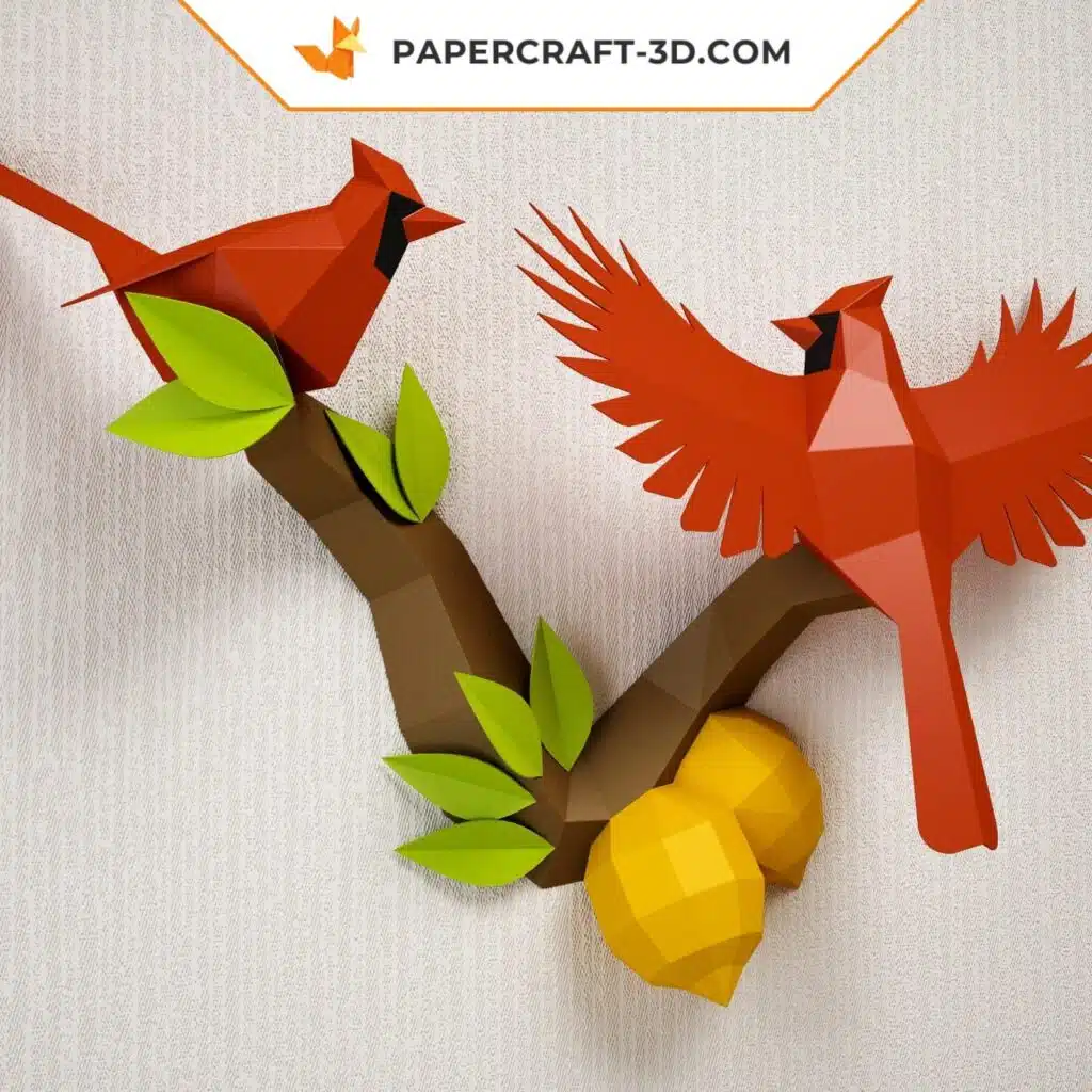 Papercraft birds on branch in origami