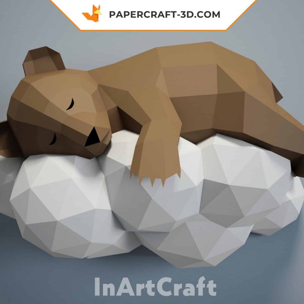 Papercraft de oso sobre una nube en origami 3D