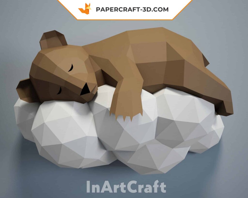 Papercraft de urso em uma nuvem em origami 3D