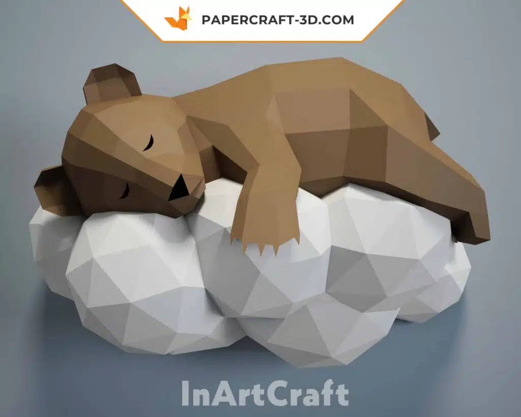 Papercraft de urso em uma nuvem em origami 3D