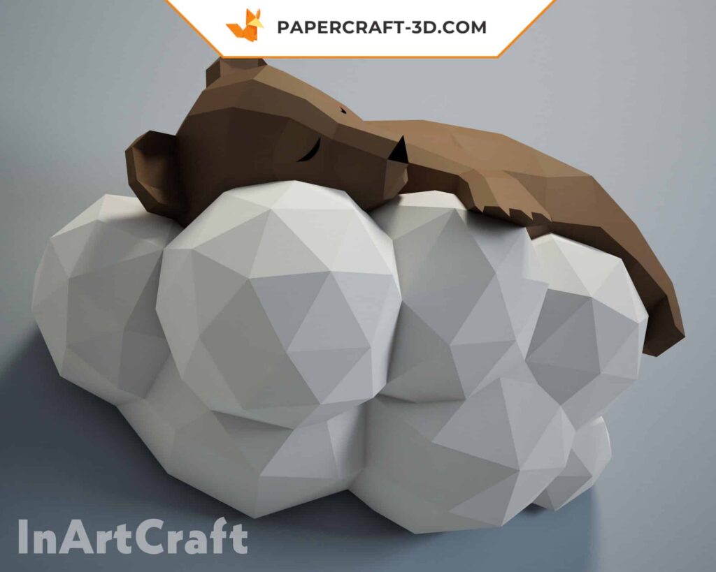 Papercraft de urso em uma nuvem em origami 3D