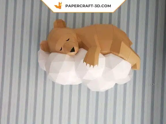Papercraft de urso em uma nuvem em origami 3D, vista 2