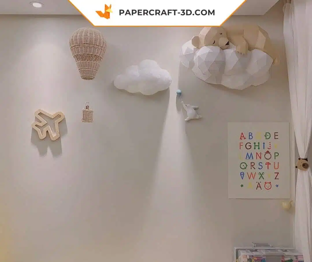 Papercraft de urso em uma nuvem em origami 3D, detalhe