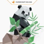 Papercraft panda sitting on bamboo in 3D origami