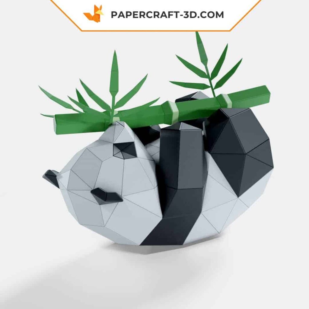 Papercraft panda brincando com bambu em origami 3D